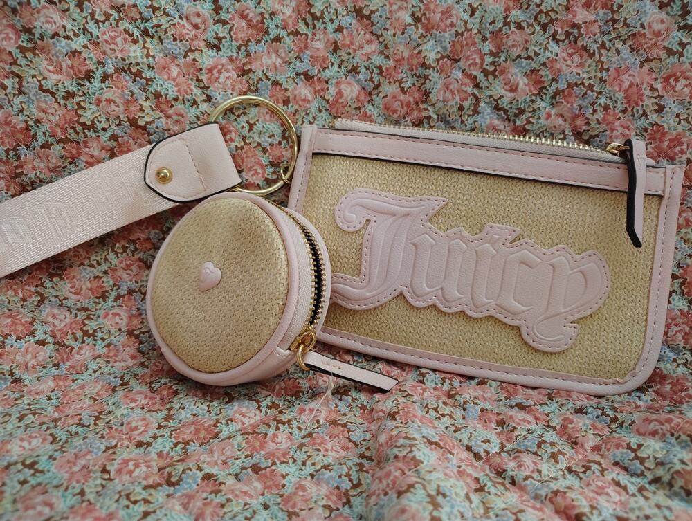 Juicy Couture Woven Straw Wristlet Wallet & Keychain Change Purse Set